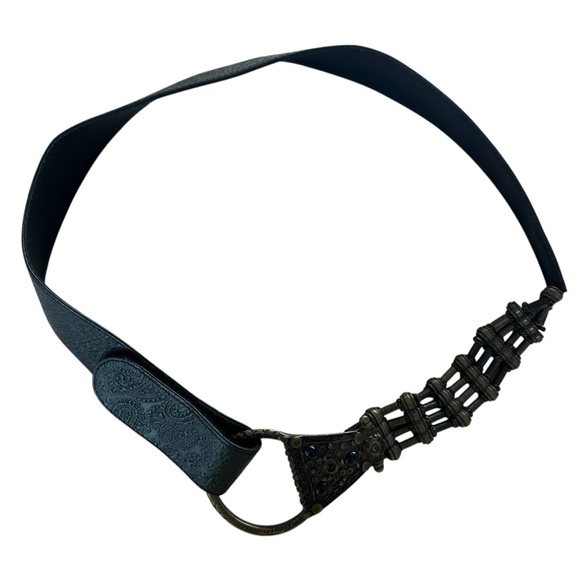 Suzi Roher Black Leather Belt with Bronze Ornate Buckle and Stretch Beads, Large - Picture 2 of 11